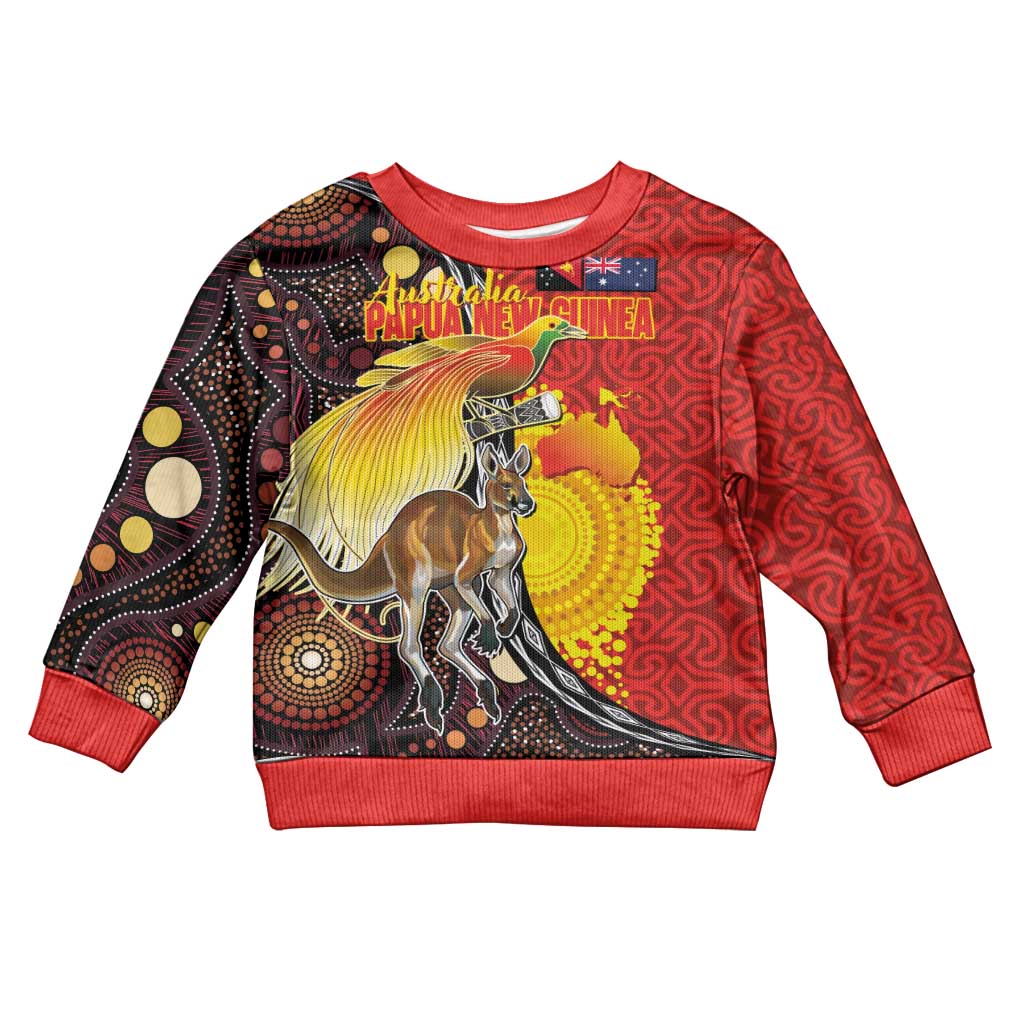 Australia and Papua New Guinea Together Kid Ugly Christmas Sweater Bird-of-paradise and Kangaroo with Oro Tapa and Aboriginal Art Motifs - Aussie Hoodie