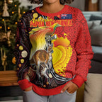 Australia and Papua New Guinea Together Kid Ugly Christmas Sweater Bird-of-paradise and Kangaroo with Oro Tapa and Aboriginal Art Motifs - Aussie Hoodie