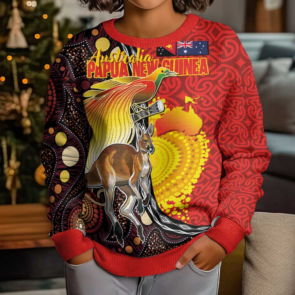 Australia and Papua New Guinea Together Kid Ugly Christmas Sweater Bird-of-paradise and Kangaroo with Oro Tapa and Aboriginal Art Motifs - Aussie Hoodie