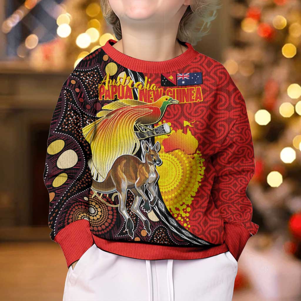 Australia and Papua New Guinea Together Kid Ugly Christmas Sweater Bird-of-paradise and Kangaroo with Oro Tapa and Aboriginal Art Motifs - Aussie Hoodie