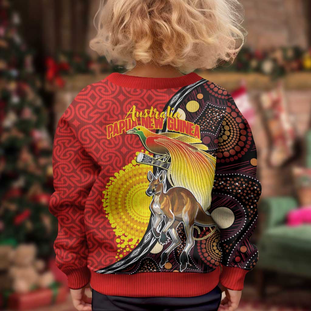 Australia and Papua New Guinea Together Kid Ugly Christmas Sweater Bird-of-paradise and Kangaroo with Oro Tapa and Aboriginal Art Motifs - Aussie Hoodie
