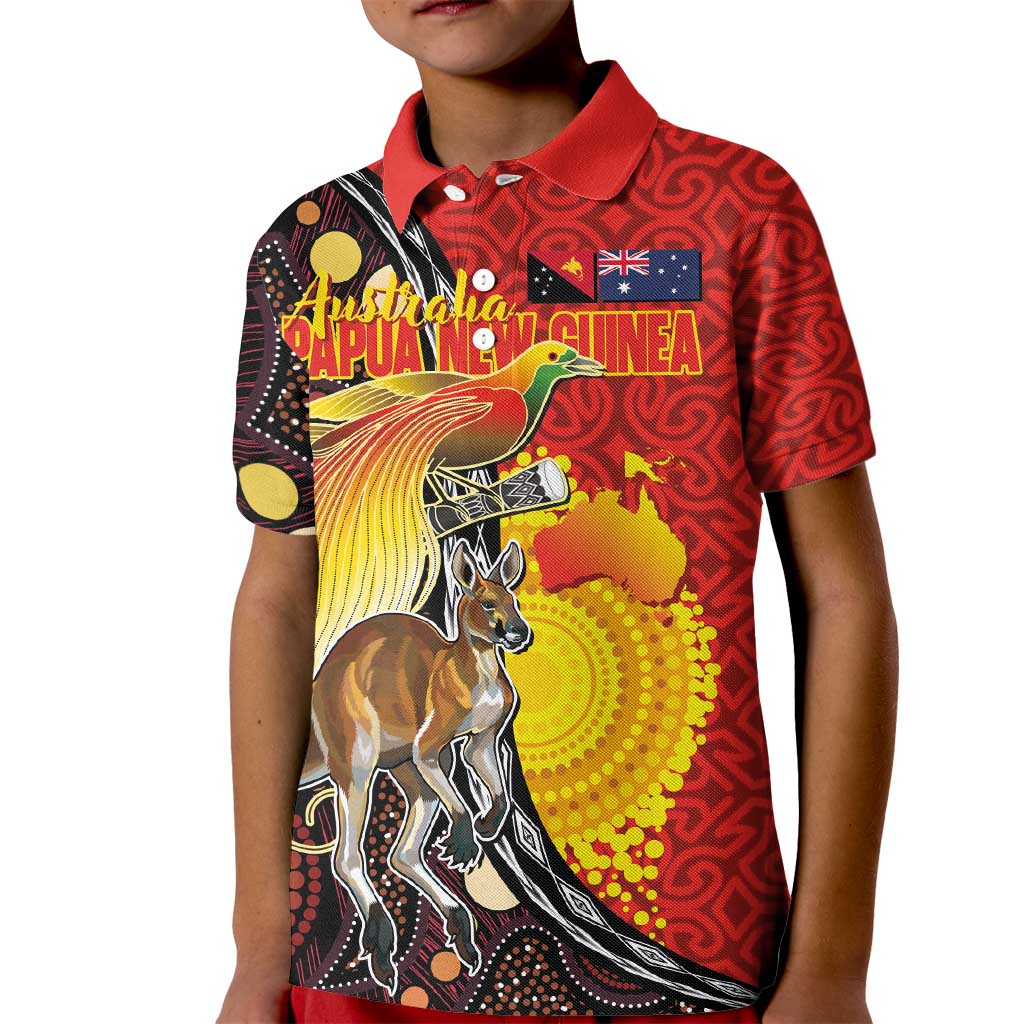 Australia and Papua New Guinea Together Kid Polo Shirt Bird-of-paradise and Kangaroo with Oro Tapa and Aboriginal Art Motifs - Aussie Hoodie