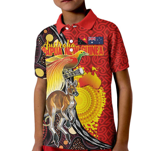 Australia and Papua New Guinea Together Kid Polo Shirt Bird-of-paradise and Kangaroo with Oro Tapa and Aboriginal Art Motifs - Aussie Hoodie