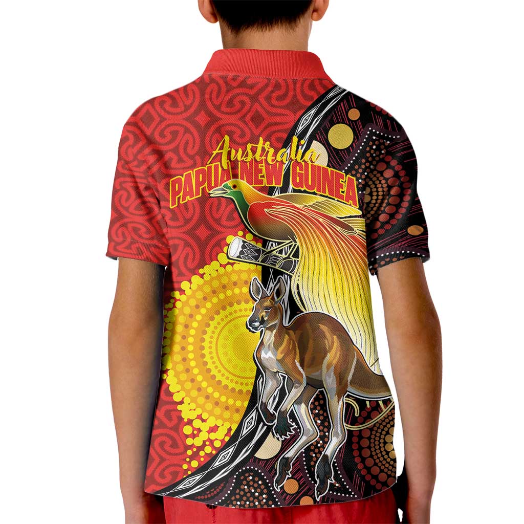 Australia and Papua New Guinea Together Kid Polo Shirt Bird-of-paradise and Kangaroo with Oro Tapa and Aboriginal Art Motifs - Aussie Hoodie