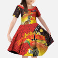 Australia and Papua New Guinea Together Kid Short Sleeve Dress Bird-of-paradise and Kangaroo with Oro Tapa and Aboriginal Art Motifs - Aussie Hoodie
