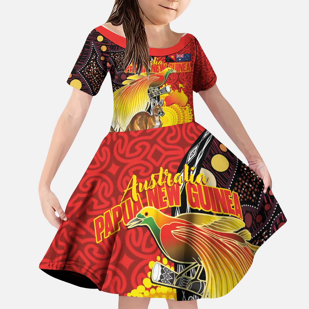 Australia and Papua New Guinea Together Kid Short Sleeve Dress Bird-of-paradise and Kangaroo with Oro Tapa and Aboriginal Art Motifs - Aussie Hoodie