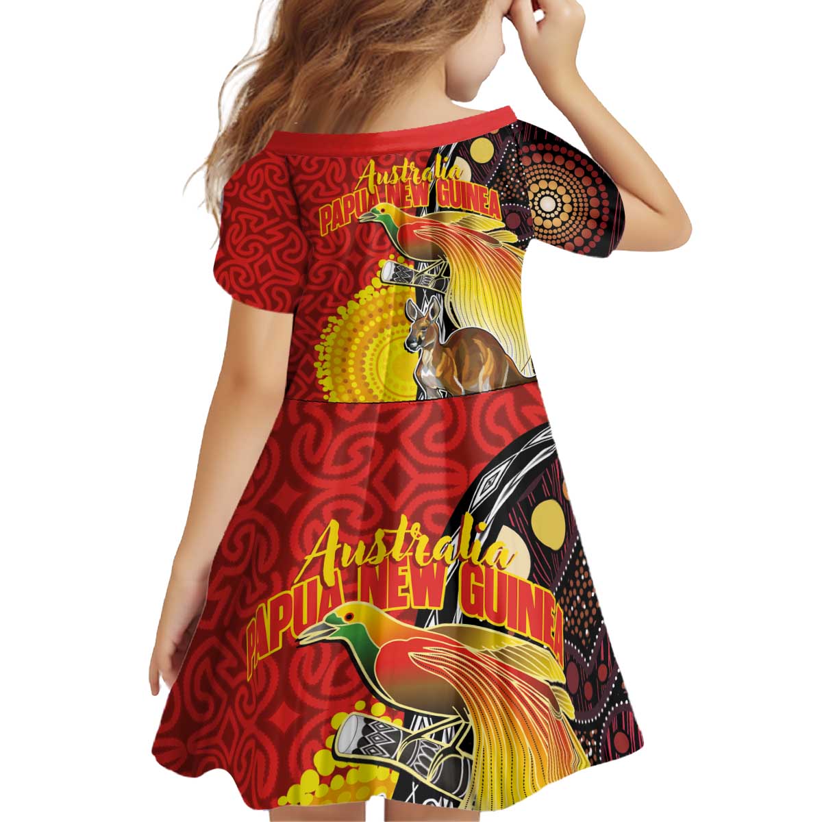 Australia and Papua New Guinea Together Kid Short Sleeve Dress Bird-of-paradise and Kangaroo with Oro Tapa and Aboriginal Art Motifs - Aussie Hoodie