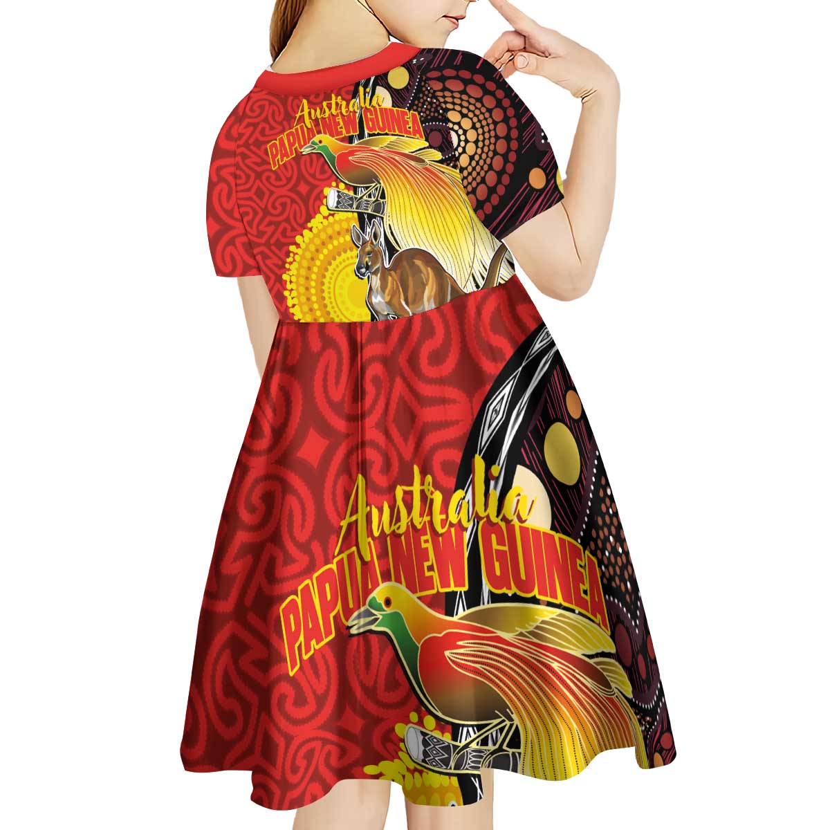 Australia and Papua New Guinea Together Kid Short Sleeve Dress Bird-of-paradise and Kangaroo with Oro Tapa and Aboriginal Art Motifs - Aussie Hoodie