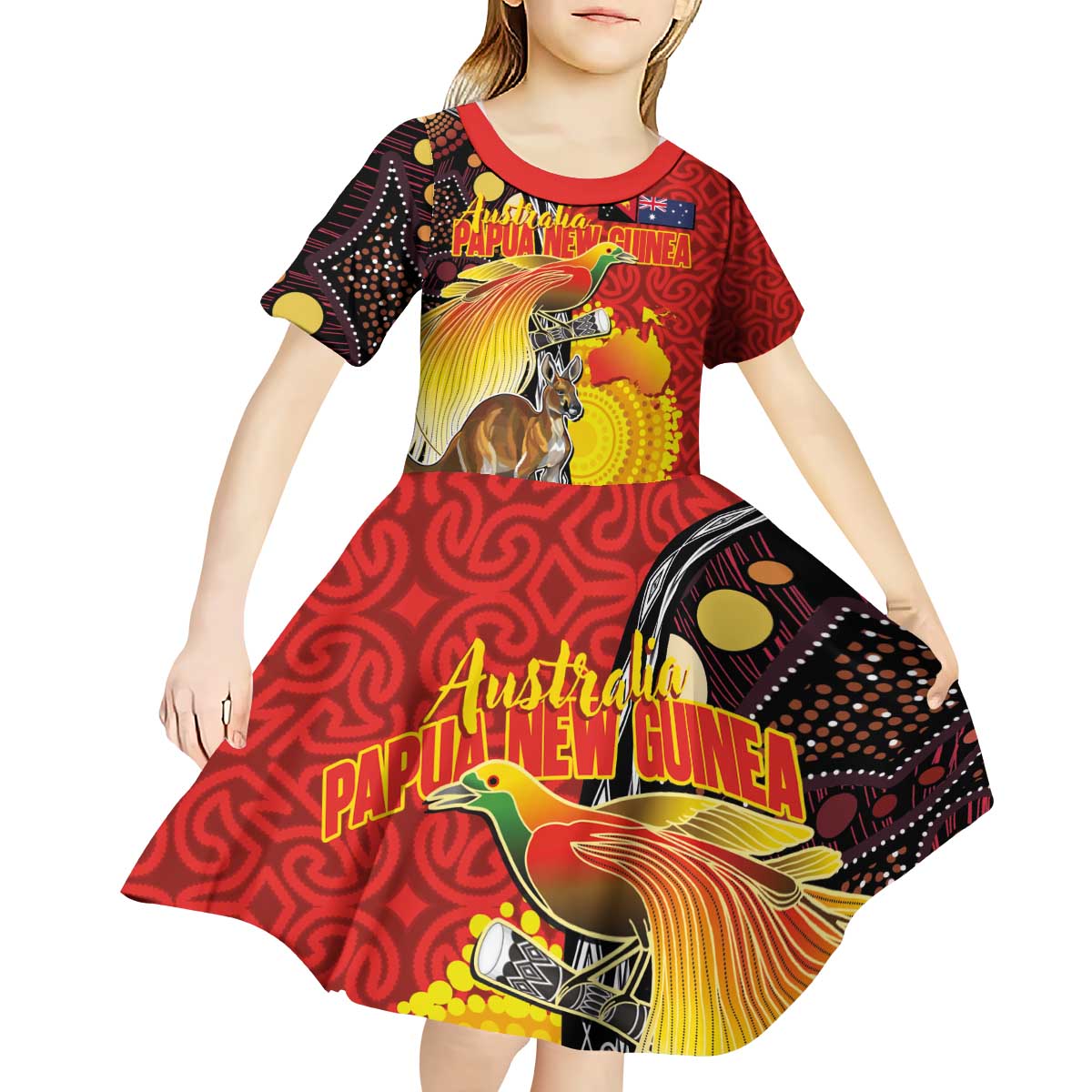 Australia and Papua New Guinea Together Kid Short Sleeve Dress Bird-of-paradise and Kangaroo with Oro Tapa and Aboriginal Art Motifs - Aussie Hoodie