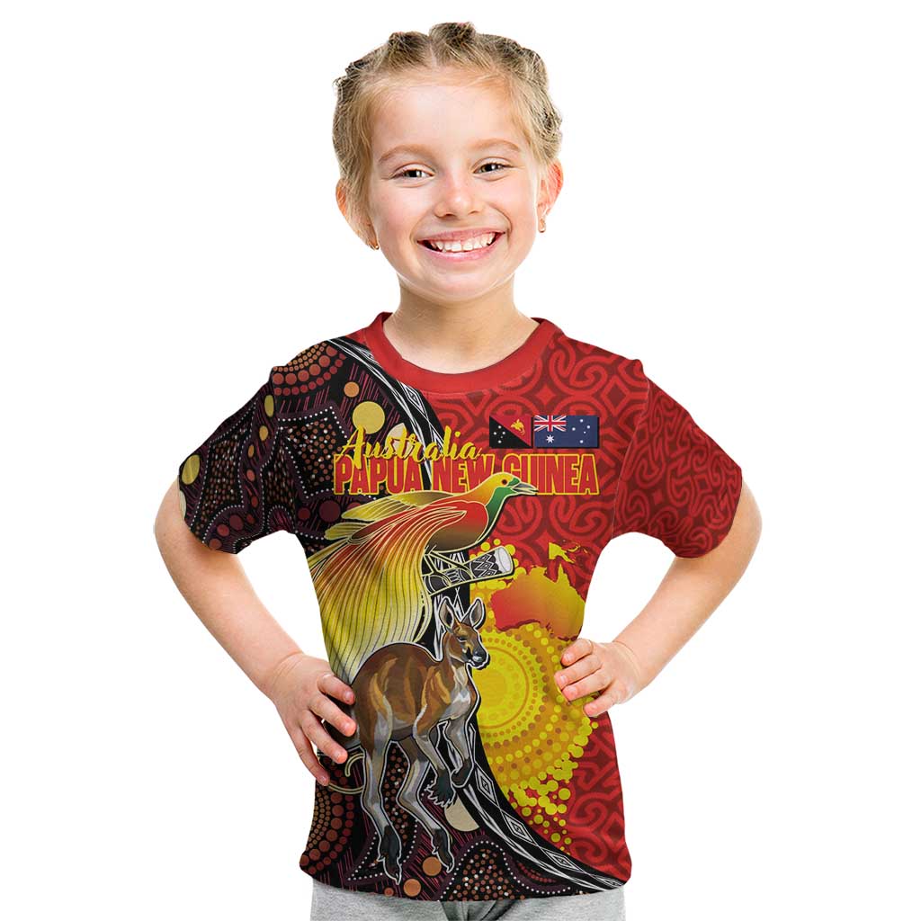Australia and Papua New Guinea Together Kid T Shirt Bird-of-paradise and Kangaroo with Oro Tapa and Aboriginal Art Motifs - Aussie Hoodie