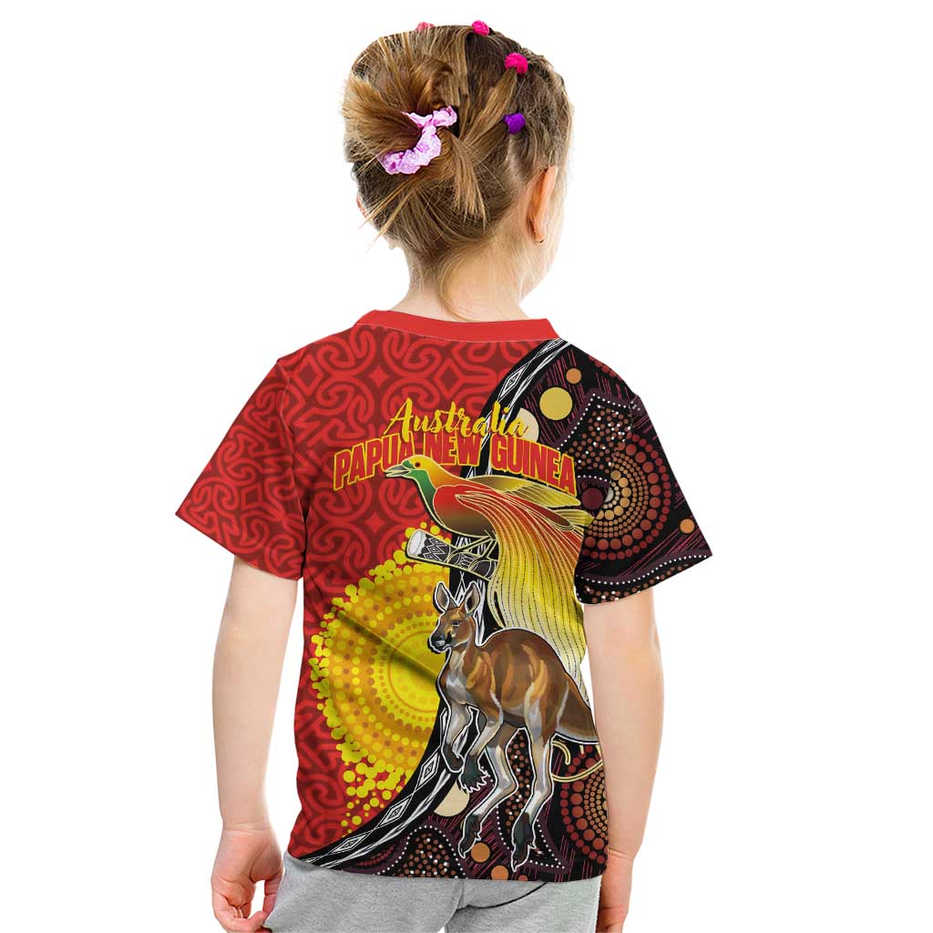 Australia and Papua New Guinea Together Kid T Shirt Bird-of-paradise and Kangaroo with Oro Tapa and Aboriginal Art Motifs - Aussie Hoodie