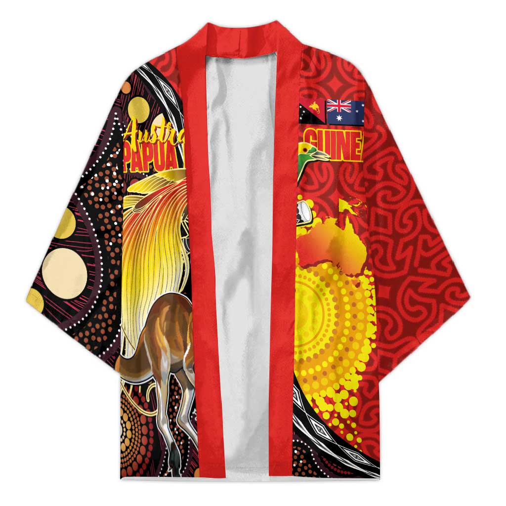 Australia and Papua New Guinea Together Kimono Bird-of-paradise and Kangaroo with Oro Tapa and Aboriginal Art Motifs - Aussie Hoodie