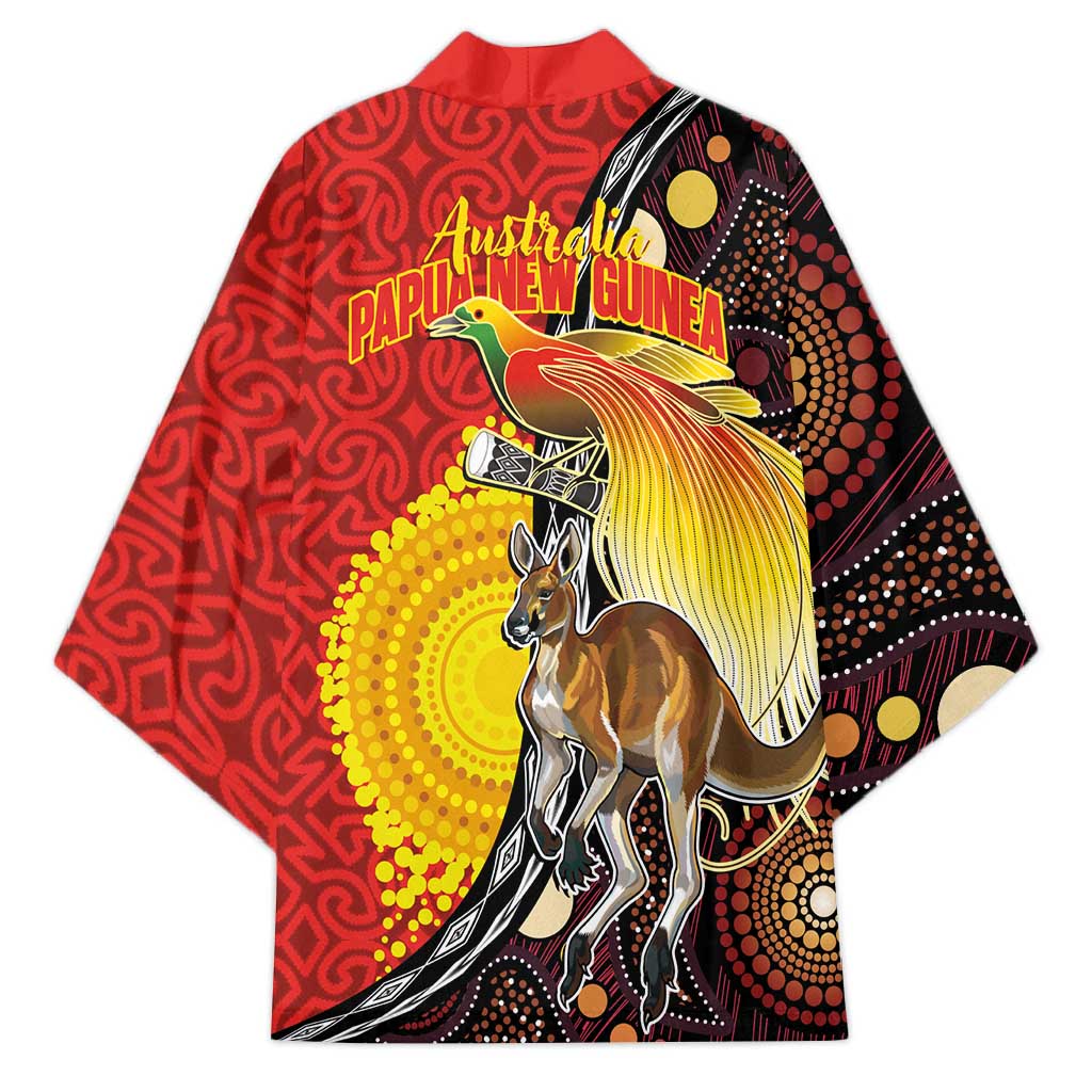 Australia and Papua New Guinea Together Kimono Bird-of-paradise and Kangaroo with Oro Tapa and Aboriginal Art Motifs - Aussie Hoodie