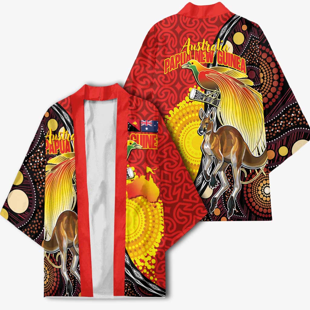 Australia and Papua New Guinea Together Kimono Bird-of-paradise and Kangaroo with Oro Tapa and Aboriginal Art Motifs - Aussie Hoodie