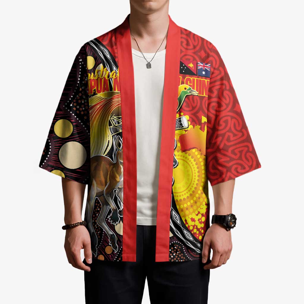 Australia and Papua New Guinea Together Kimono Bird-of-paradise and Kangaroo with Oro Tapa and Aboriginal Art Motifs - Aussie Hoodie