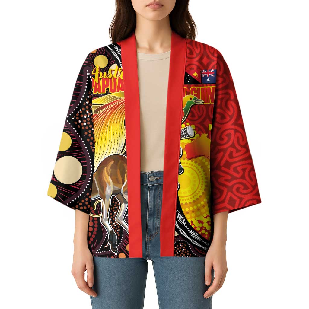 Australia and Papua New Guinea Together Kimono Bird-of-paradise and Kangaroo with Oro Tapa and Aboriginal Art Motifs - Aussie Hoodie