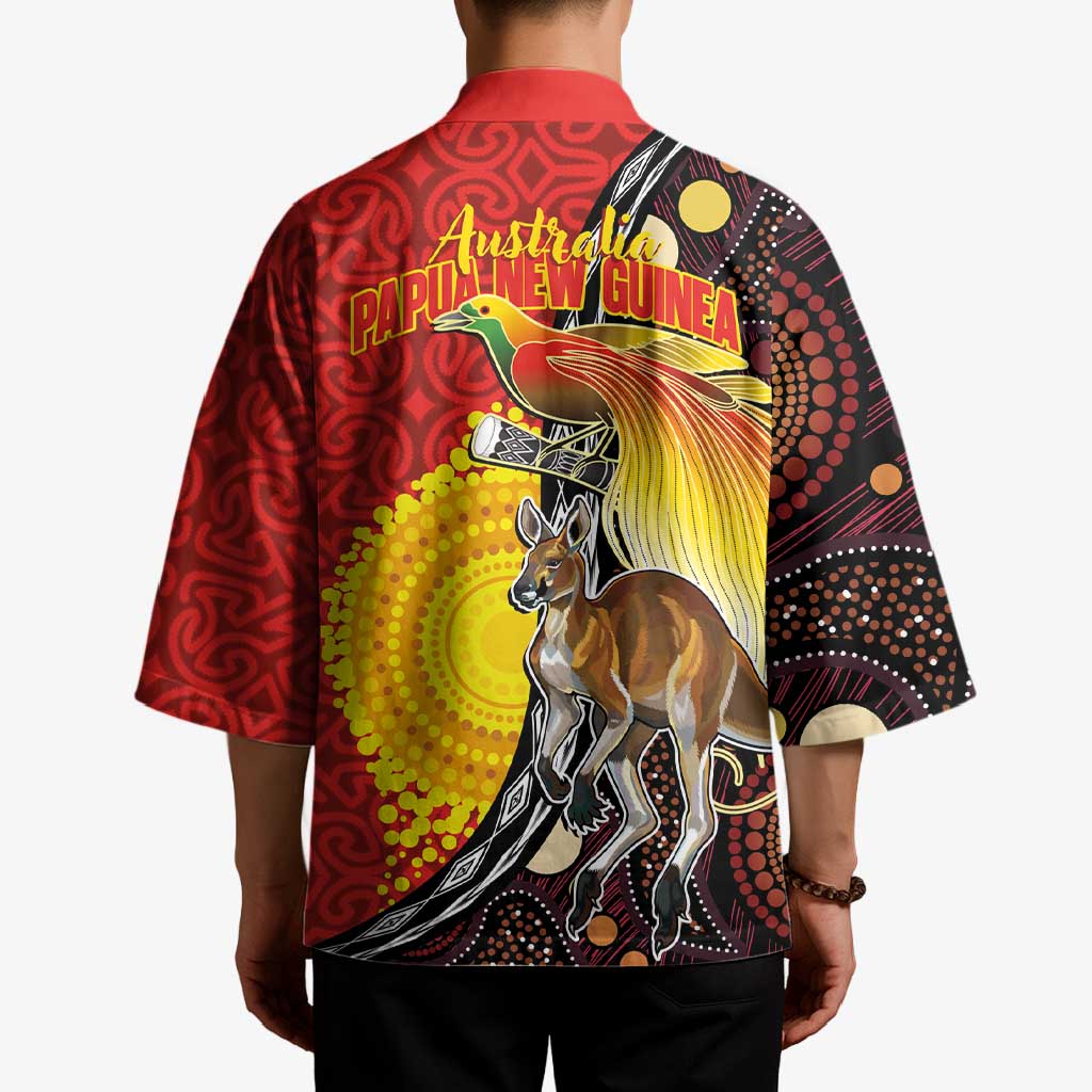 Australia and Papua New Guinea Together Kimono Bird-of-paradise and Kangaroo with Oro Tapa and Aboriginal Art Motifs - Aussie Hoodie