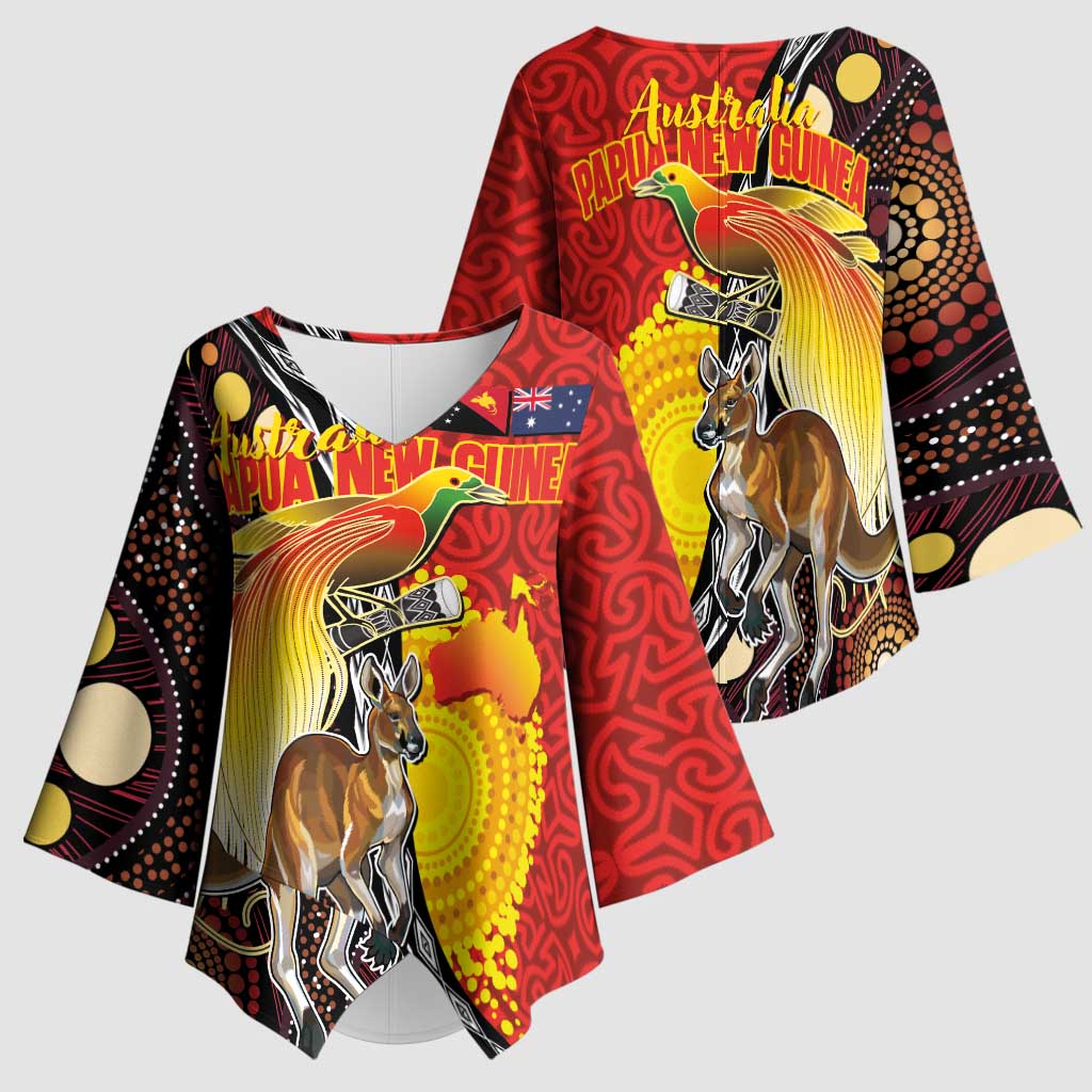 Australia and Papua New Guinea Together Kimono Sleeve Blouse Bird-of-paradise and Kangaroo with Oro Tapa and Aboriginal Art Motifs - Aussie Hoodie