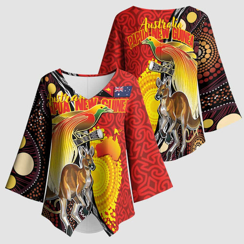 Australia and Papua New Guinea Together Kimono Sleeve Blouse Bird-of-paradise and Kangaroo with Oro Tapa and Aboriginal Art Motifs - Aussie Hoodie