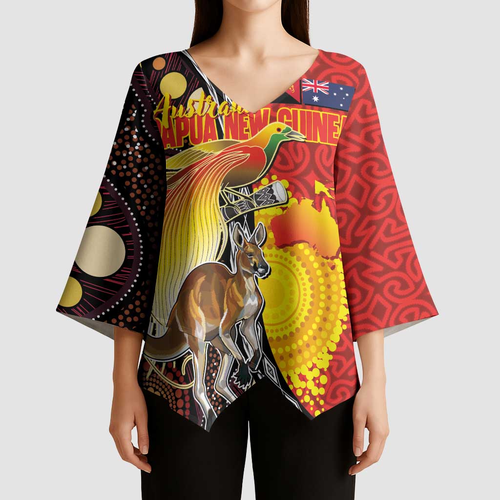Australia and Papua New Guinea Together Kimono Sleeve Blouse Bird-of-paradise and Kangaroo with Oro Tapa and Aboriginal Art Motifs - Aussie Hoodie