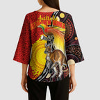 Australia and Papua New Guinea Together Kimono Sleeve Blouse Bird-of-paradise and Kangaroo with Oro Tapa and Aboriginal Art Motifs - Aussie Hoodie