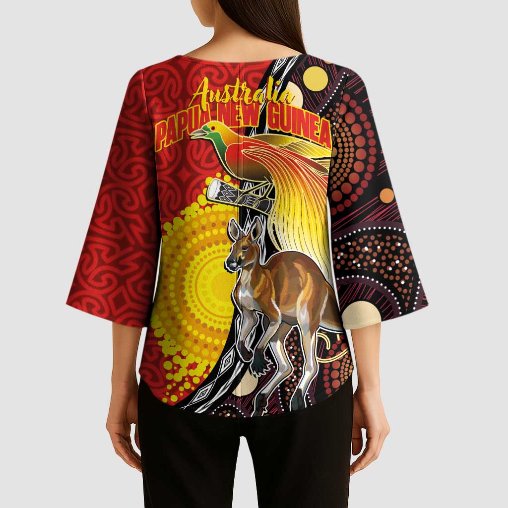 Australia and Papua New Guinea Together Kimono Sleeve Blouse Bird-of-paradise and Kangaroo with Oro Tapa and Aboriginal Art Motifs - Aussie Hoodie