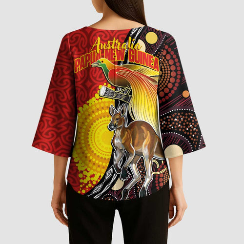 Australia and Papua New Guinea Together Kimono Sleeve Blouse Bird-of-paradise and Kangaroo with Oro Tapa and Aboriginal Art Motifs - Aussie Hoodie