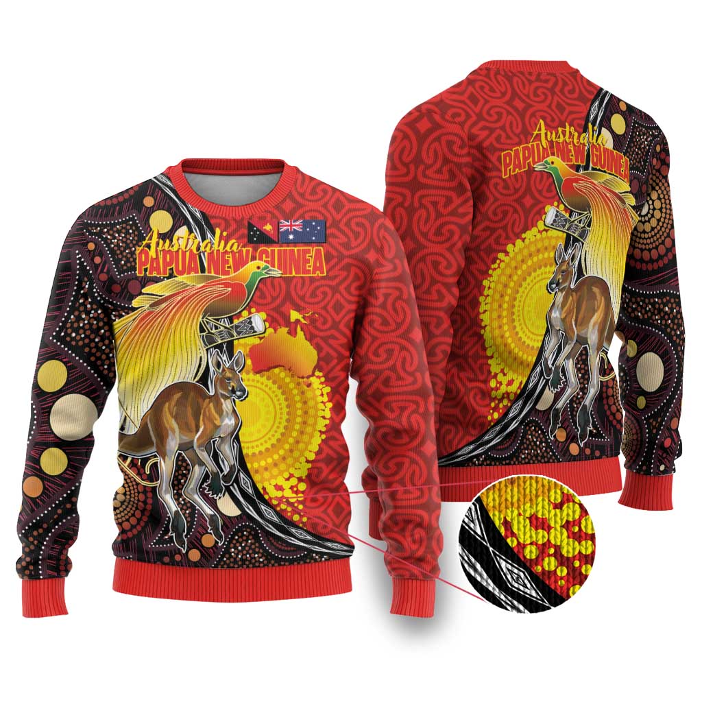 Australia and Papua New Guinea Together Ugly Christmas Sweater Bird-of-paradise and Kangaroo with Oro Tapa and Aboriginal Art Motifs - Aussie Hoodie