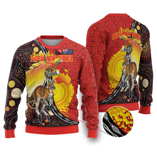 Australia and Papua New Guinea Together Ugly Christmas Sweater Bird-of-paradise and Kangaroo with Oro Tapa and Aboriginal Art Motifs - Aussie Hoodie
