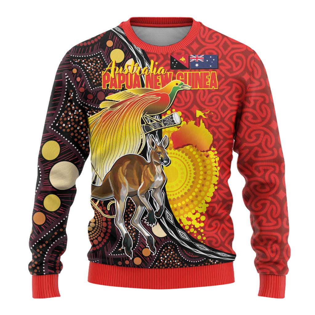 Australia and Papua New Guinea Together Ugly Christmas Sweater Bird-of-paradise and Kangaroo with Oro Tapa and Aboriginal Art Motifs - Aussie Hoodie