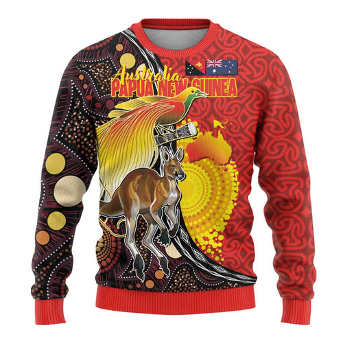 Australia and Papua New Guinea Together Ugly Christmas Sweater Bird-of-paradise and Kangaroo with Oro Tapa and Aboriginal Art Motifs - Aussie Hoodie
