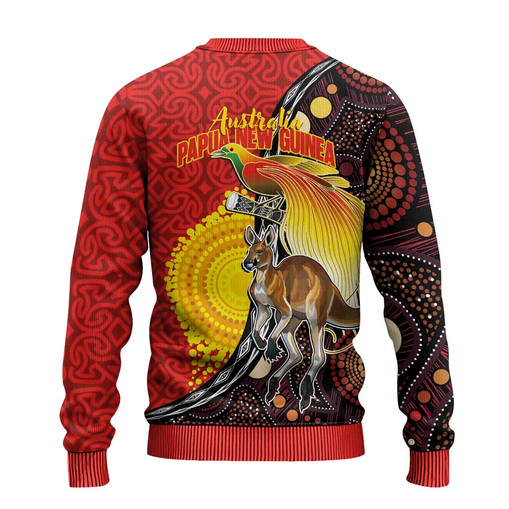 Australia and Papua New Guinea Together Ugly Christmas Sweater Bird-of-paradise and Kangaroo with Oro Tapa and Aboriginal Art Motifs - Aussie Hoodie