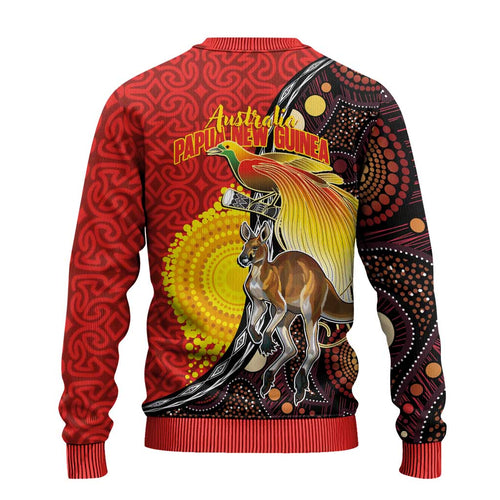 Australia and Papua New Guinea Together Ugly Christmas Sweater Bird-of-paradise and Kangaroo with Oro Tapa and Aboriginal Art Motifs - Aussie Hoodie