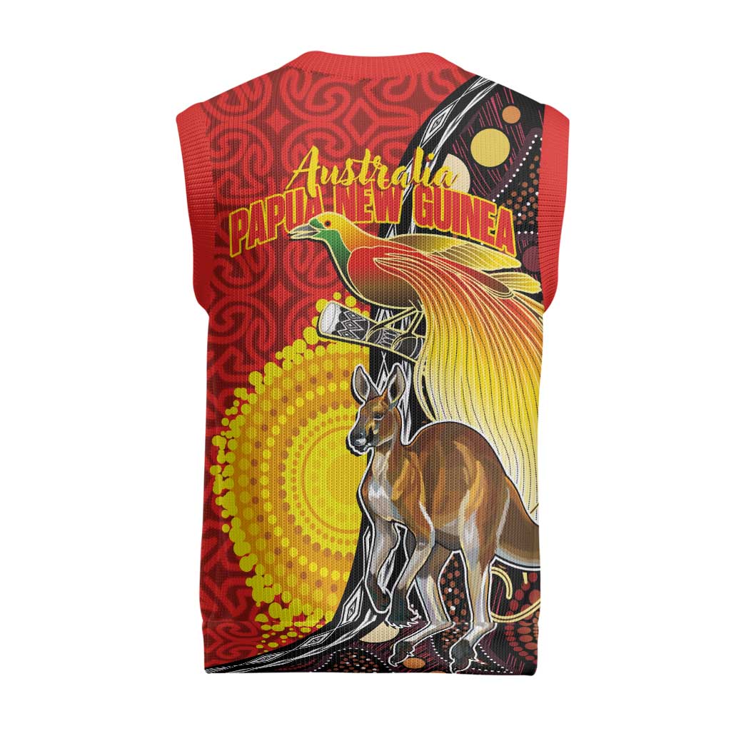Australia and Papua New Guinea Together Christmas Knitted V-Neck Vest Bird-of-paradise and Kangaroo with Oro Tapa and Aboriginal Art Motifs - Aussie Hoodie