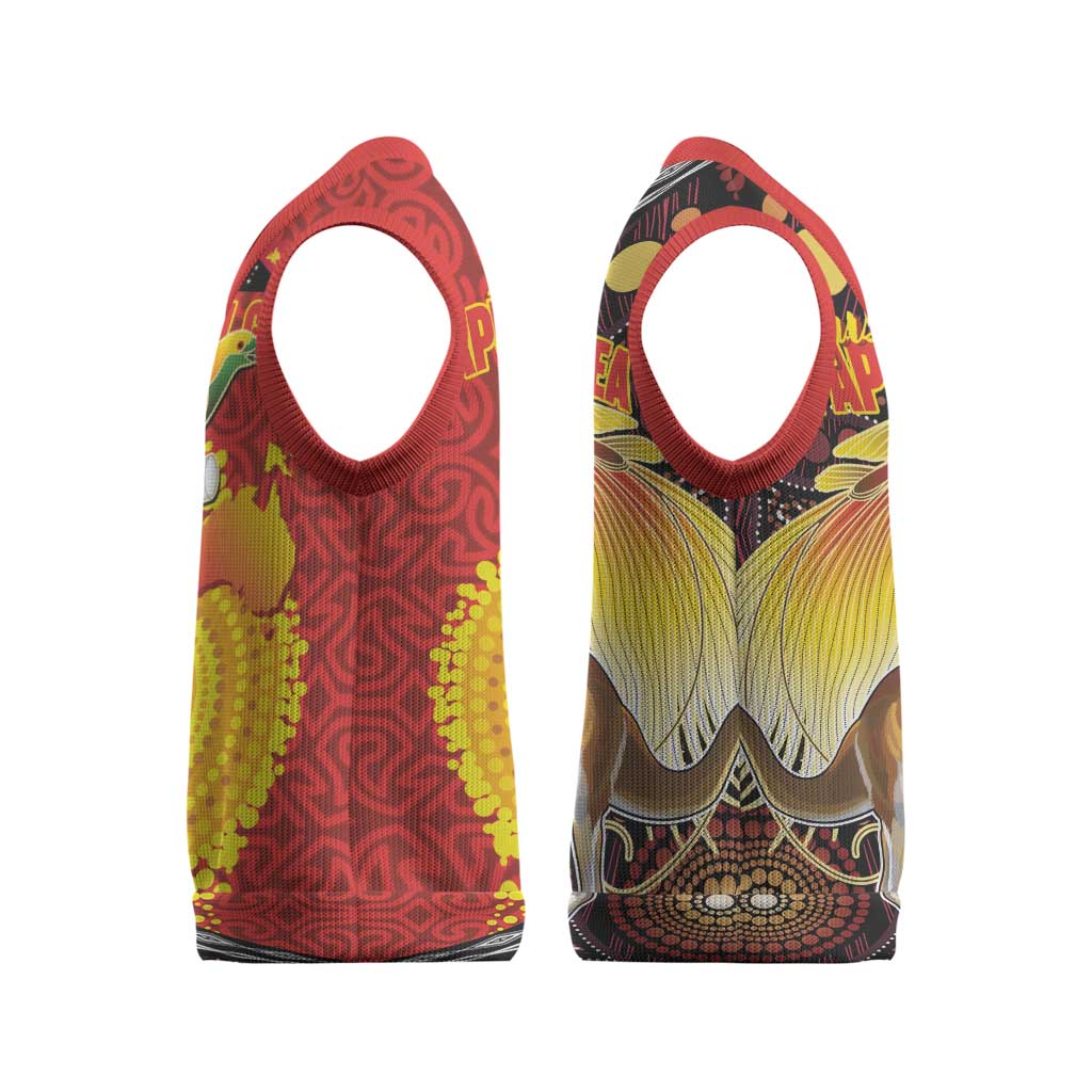 Australia and Papua New Guinea Together Christmas Knitted V-Neck Vest Bird-of-paradise and Kangaroo with Oro Tapa and Aboriginal Art Motifs - Aussie Hoodie