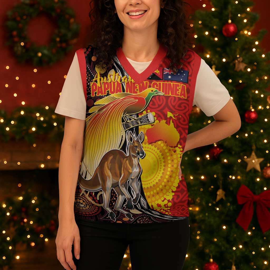 Australia and Papua New Guinea Together Christmas Knitted V-Neck Vest Bird-of-paradise and Kangaroo with Oro Tapa and Aboriginal Art Motifs - Aussie Hoodie