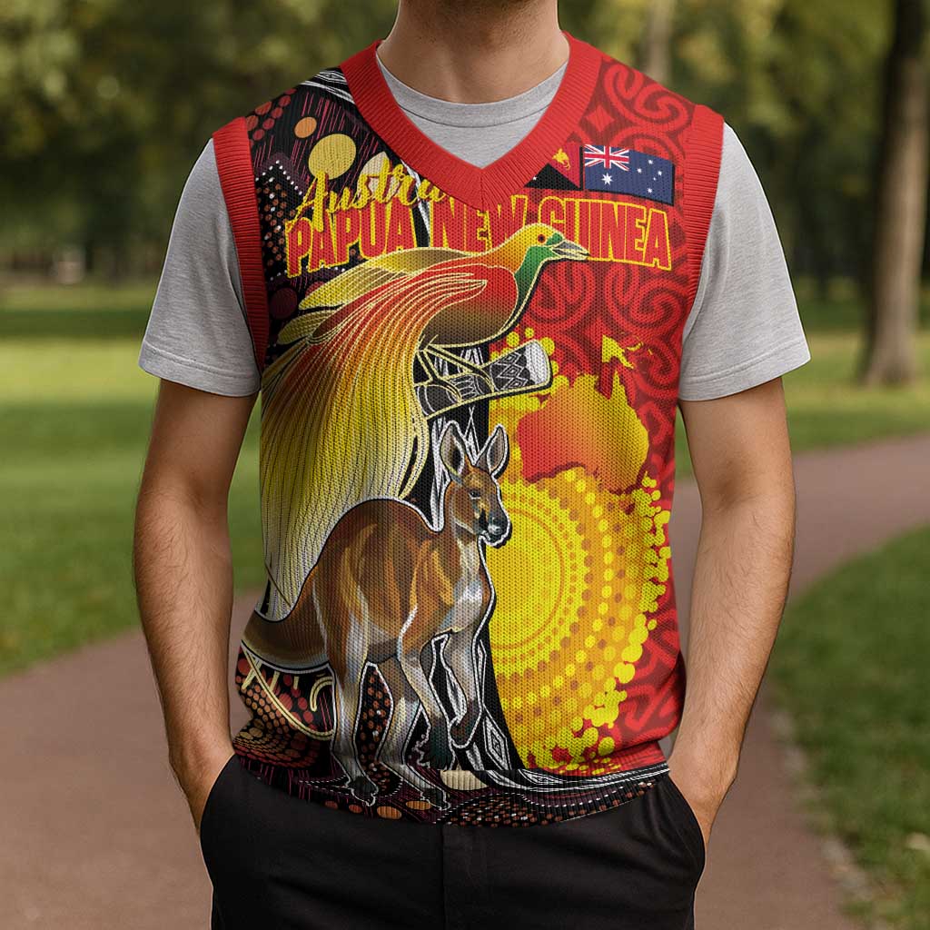 Australia and Papua New Guinea Together Christmas Knitted V-Neck Vest Bird-of-paradise and Kangaroo with Oro Tapa and Aboriginal Art Motifs - Aussie Hoodie