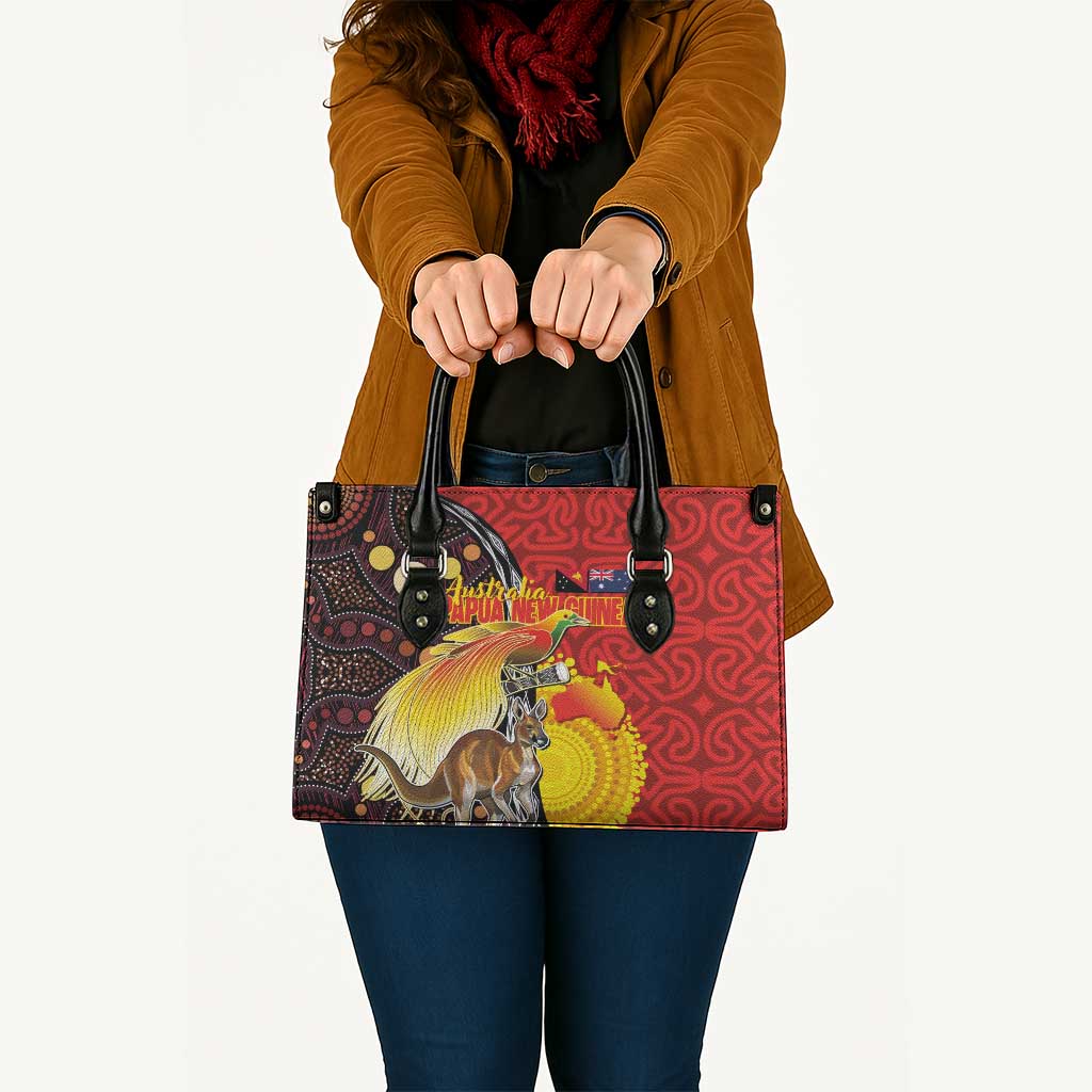 Australia and Papua New Guinea Together Leather Bag Bird-of-paradise and Kangaroo with Oro Tapa and Aboriginal Art Motifs - Aussie Hoodie