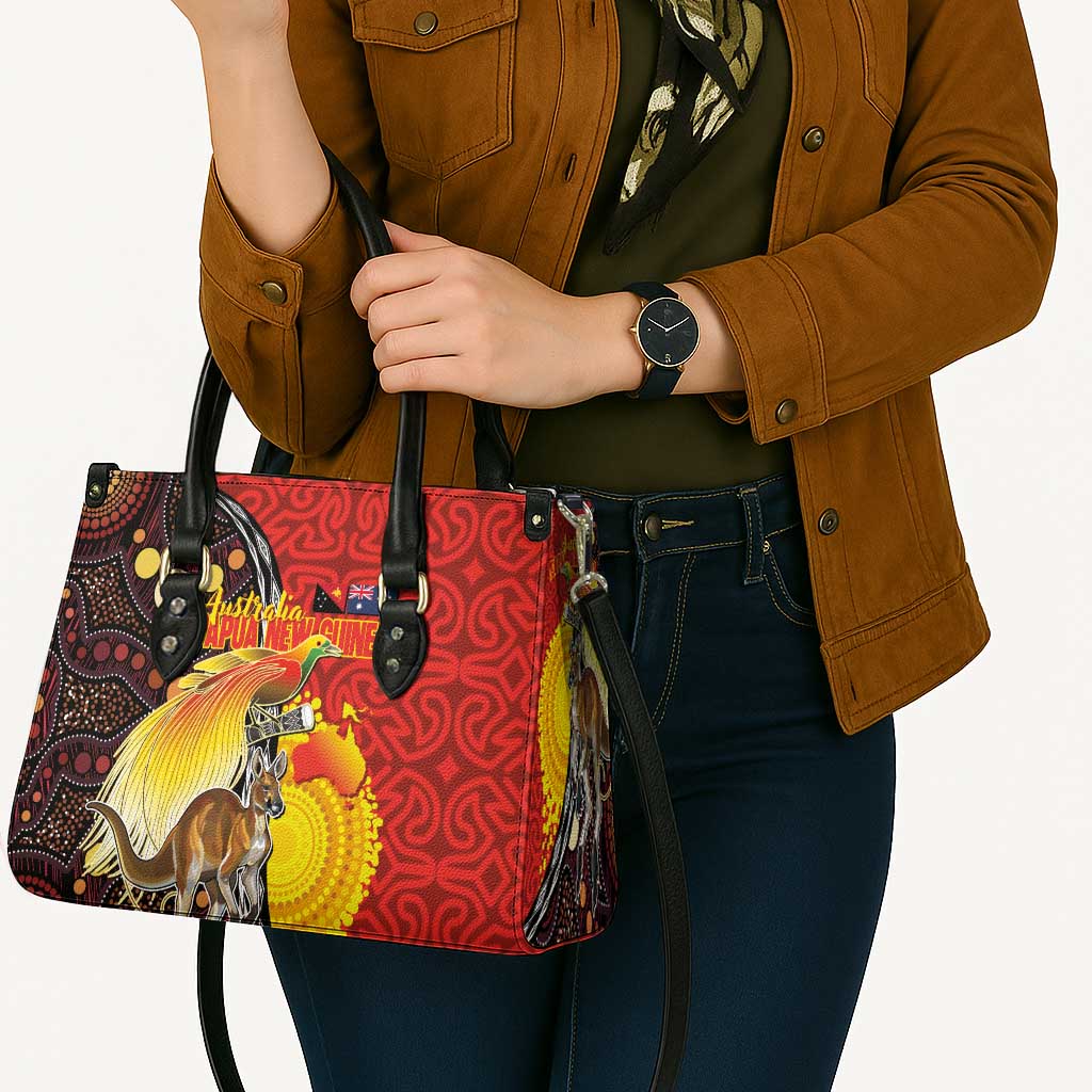 Australia and Papua New Guinea Together Leather Bag Bird-of-paradise and Kangaroo with Oro Tapa and Aboriginal Art Motifs - Aussie Hoodie