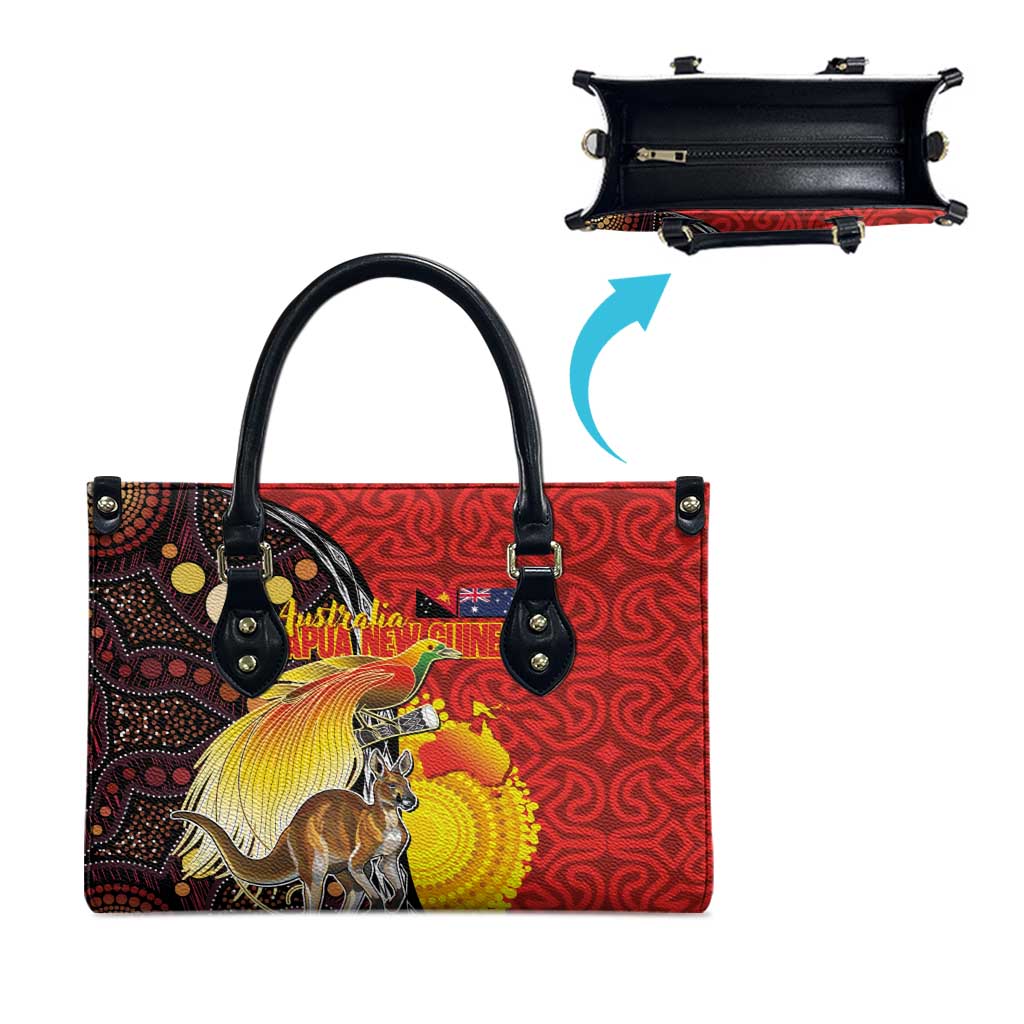 Australia and Papua New Guinea Together Leather Bag Bird-of-paradise and Kangaroo with Oro Tapa and Aboriginal Art Motifs - Aussie Hoodie
