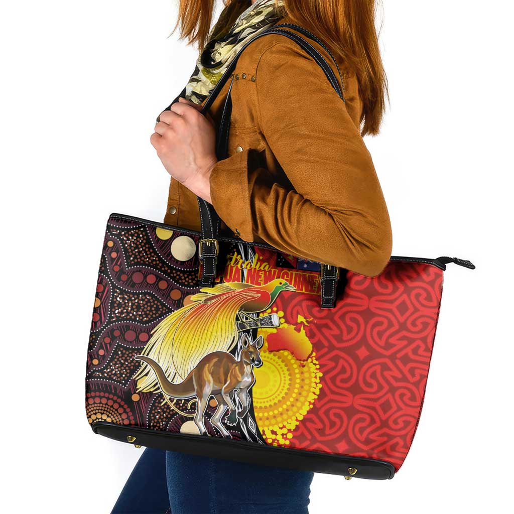 Australia and Papua New Guinea Together Leather Tote Bag Bird-of-paradise and Kangaroo with Oro Tapa and Aboriginal Art Motifs - Aussie Hoodie