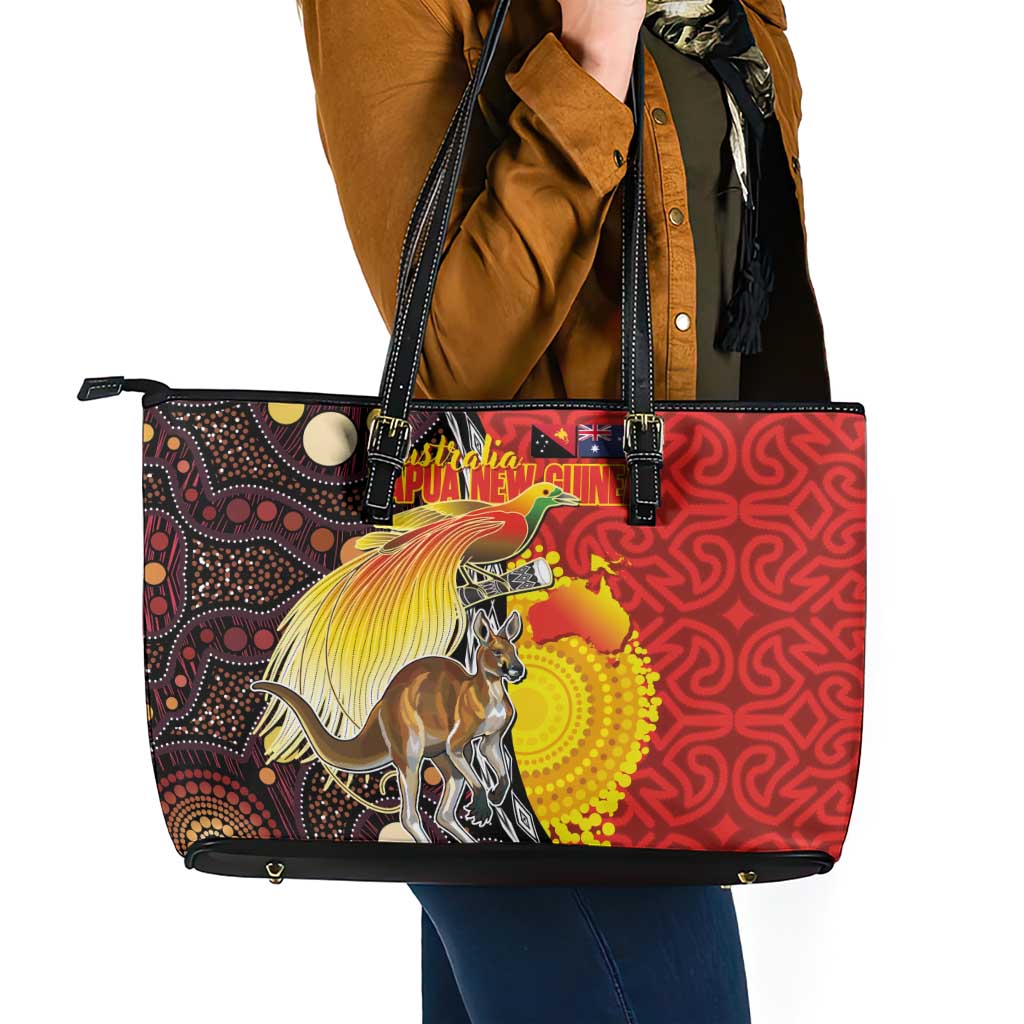 Australia and Papua New Guinea Together Leather Tote Bag Bird-of-paradise and Kangaroo with Oro Tapa and Aboriginal Art Motifs - Aussie Hoodie