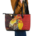 Australia and Papua New Guinea Together Leather Tote Bag Bird-of-paradise and Kangaroo with Oro Tapa and Aboriginal Art Motifs - Aussie Hoodie