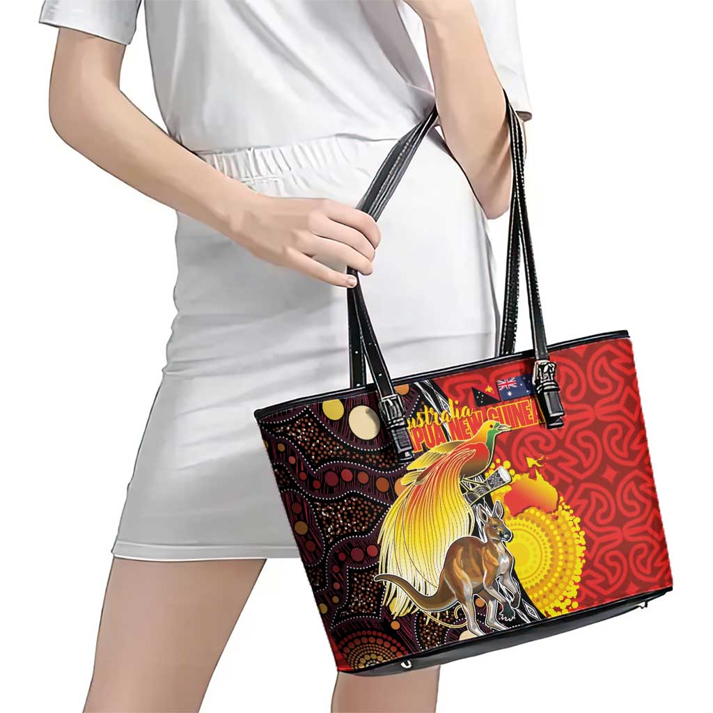 Australia and Papua New Guinea Together Leather Tote Bag Bird-of-paradise and Kangaroo with Oro Tapa and Aboriginal Art Motifs - Aussie Hoodie
