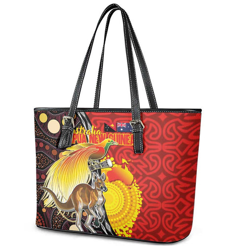 Australia and Papua New Guinea Together Leather Tote Bag Bird-of-paradise and Kangaroo with Oro Tapa and Aboriginal Art Motifs - Aussie Hoodie