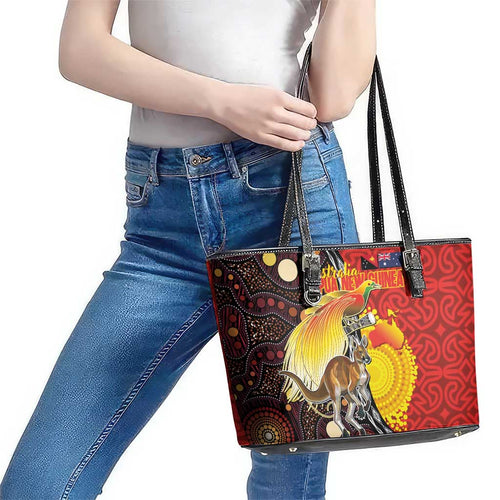 Australia and Papua New Guinea Together Leather Tote Bag Bird-of-paradise and Kangaroo with Oro Tapa and Aboriginal Art Motifs - Aussie Hoodie