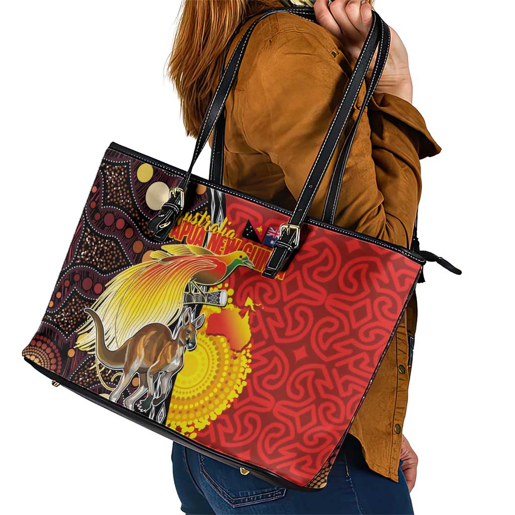 Australia and Papua New Guinea Together Leather Tote Bag Bird-of-paradise and Kangaroo with Oro Tapa and Aboriginal Art Motifs - Aussie Hoodie