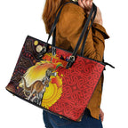 Australia and Papua New Guinea Together Leather Tote Bag Bird-of-paradise and Kangaroo with Oro Tapa and Aboriginal Art Motifs - Aussie Hoodie