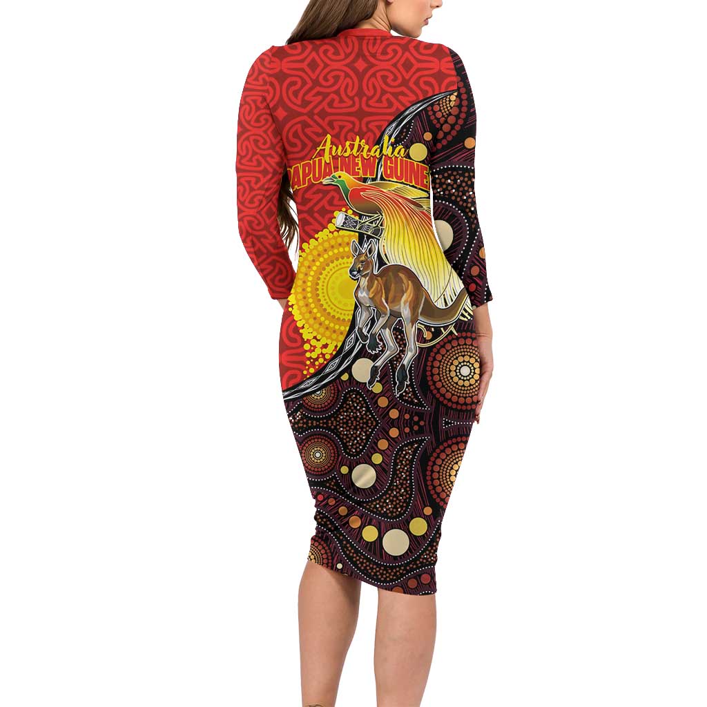Australia and Papua New Guinea Together Long Sleeve Bodycon Dress Bird-of-paradise and Kangaroo with Oro Tapa and Aboriginal Art Motifs - Aussie Hoodie
