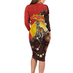 Australia and Papua New Guinea Together Long Sleeve Bodycon Dress Bird-of-paradise and Kangaroo with Oro Tapa and Aboriginal Art Motifs - Aussie Hoodie